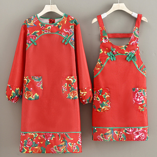 新款 罩衣印字 帆布东北大花围裙民族风厨房家用透气工作服定制长袖