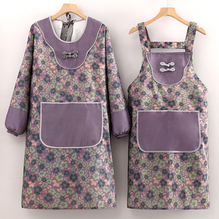 帆布印花透气背带围裙高颜值厨房餐饮专用防污长袖罩衣居家工作服