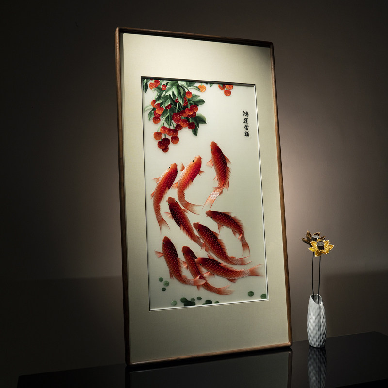 逸福瑞装饰画手工苏绣黑胡桃木框