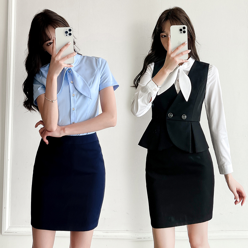 短袖修身纯色夏季职业装套装两件套女士美容院前台公司制服蝴蝶结
