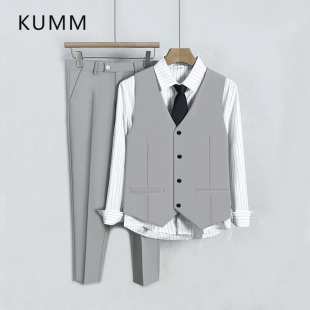 浅灰马甲西裤条纹白衬衫长袖三件套装男夜场服务员制服发型师工装