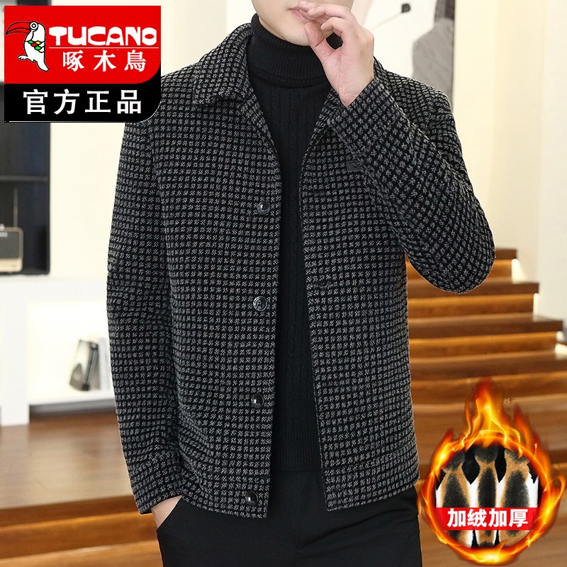 啄木鸟男加厚加绒毛呢夹克秋冬装