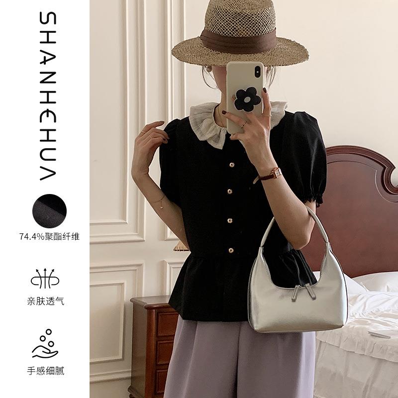 [本初]法式甜美短袖衬衫女夏季减龄娃娃领短款上衣清新蕾丝