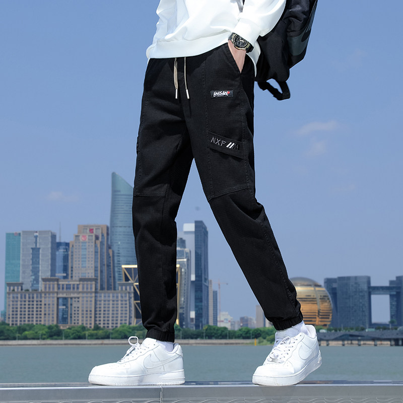 夏季潮牌黑色工装牛仔裤