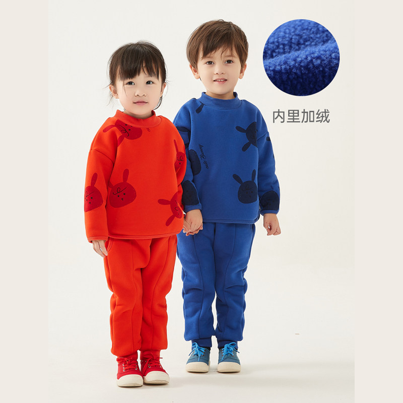 2023冬装新款婴幼儿韩版加绒卫衣套装男女宝宝休闲潮童加厚两件套
