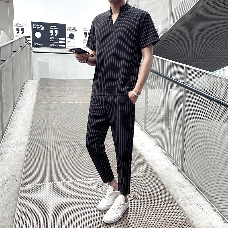 Summer stripe suit men's trend short sleeve Capris two piece set Korean young hairdresser one suit