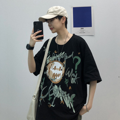 New graffiti short sleeve T-shirt Korean fashion summer tide brand 5-point short sleeve Hong Kong Style versatile top