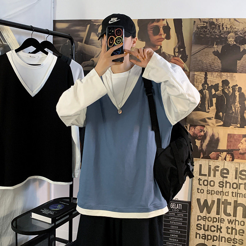 Fake two long sleeve t-shirt men's Hong Kong style trend versatile sweater student leisure spring bottom coat