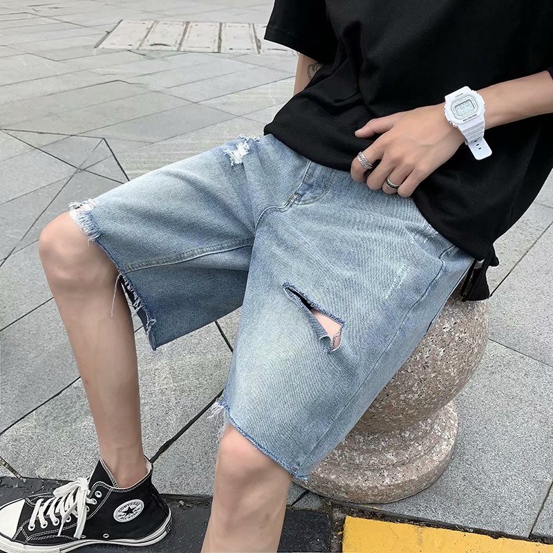 Denim shorts men's summer hole straight loose casual Korean Trend versatile Hong Kong Style Capris