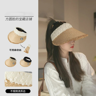 UPF50 空頂帽編織防曬草帽女 防紫外線2025遮陽拼接夏季 原創(chuàng)設(shè)計