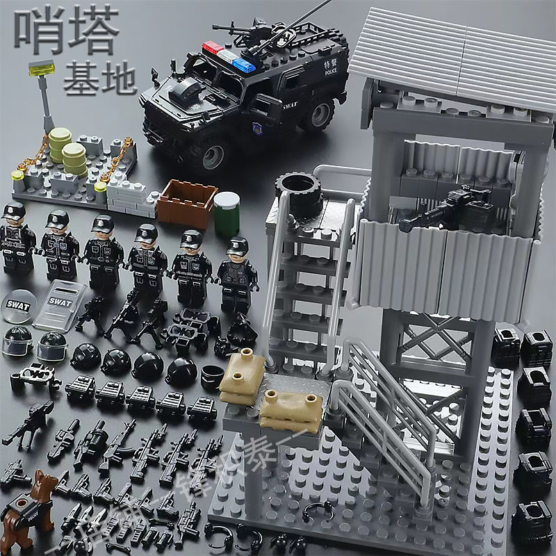 现代军事积木人仔适用于乐高特警越野装甲车拼装坦克瞭望塔儿童玩