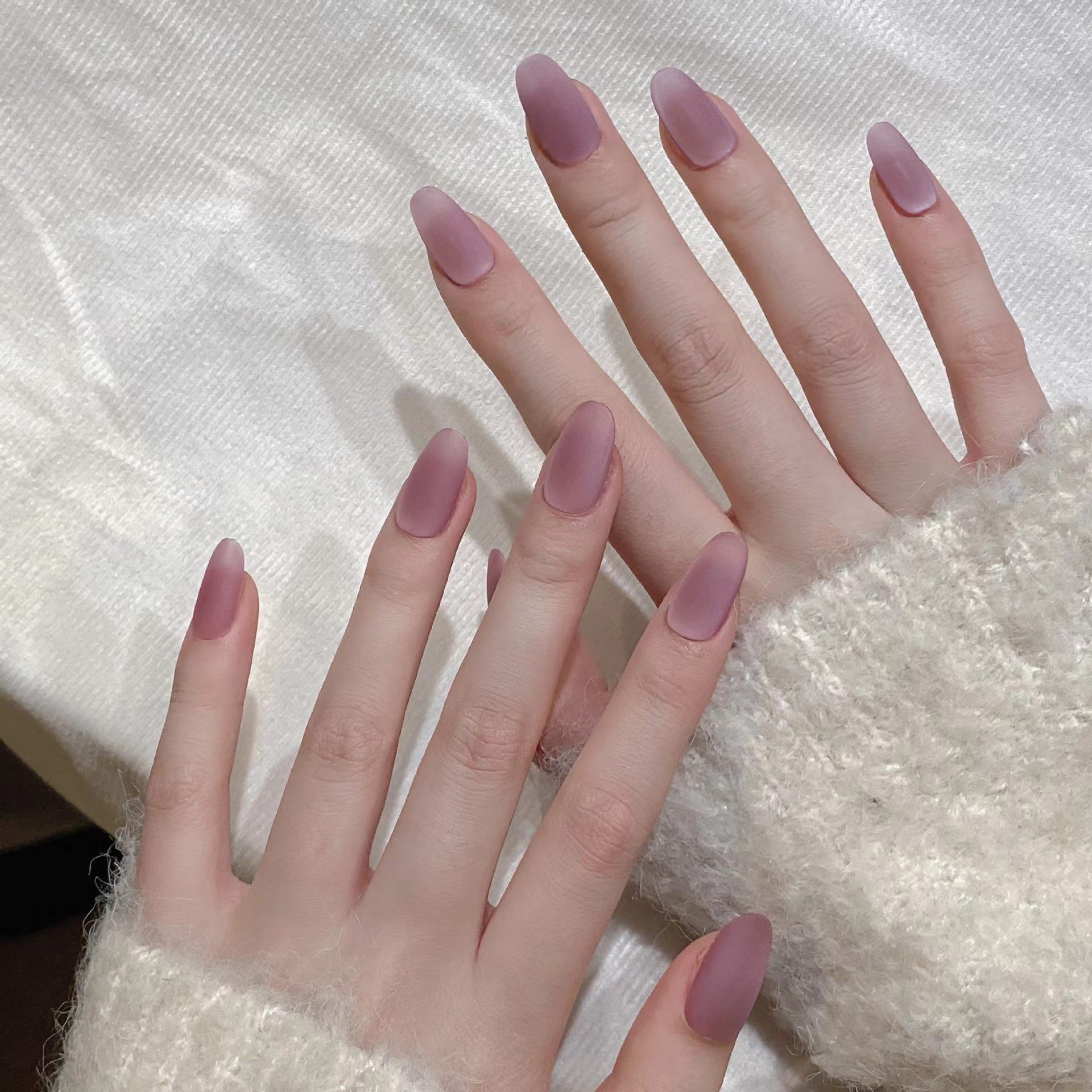 春季新款纯手工穿戴甲俄式丝绒豆沙紫粉猫眼中长显白美甲随意摘戴