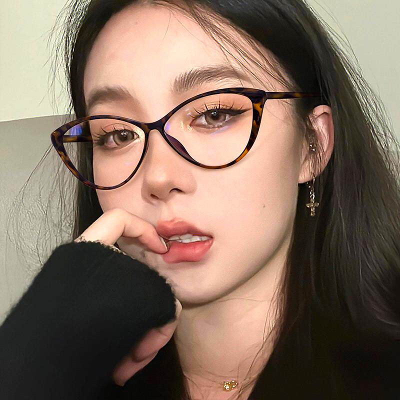 shumu个性复古玳瑁色眼镜框菱形脸猫眼豹纹镜架时尚潮流小众超轻