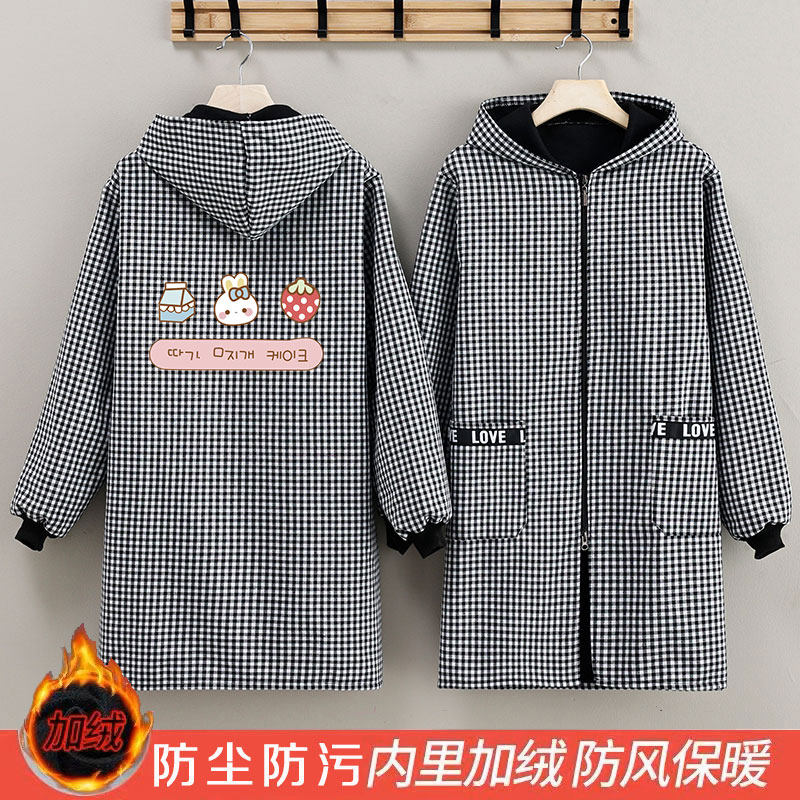 加绒加厚网红棉布格子长袖围裙家用厨房防油污防尘耐脏工作服罩衣