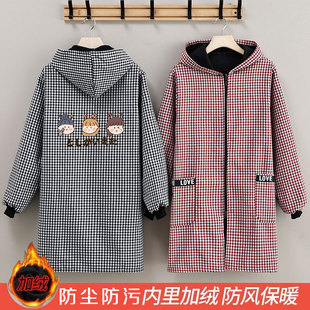 冬季加绒加厚棉格子围裙男女家用厨房防污防尘耐脏上班工作服罩衣