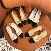 真皮小香风单鞋 粗跟裸色小香女鞋 女2025春款 百搭拼色高跟包头凉鞋