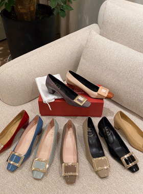 rv漆皮方扣粗跟单鞋女2026春季新款女鞋大象灰百搭高跟鞋方头浅口