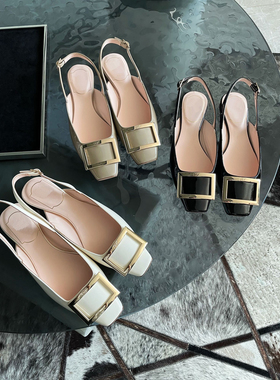 RV粗跟方扣凉鞋女一字带后空方头高跟鞋2026夏新款真皮方头中跟