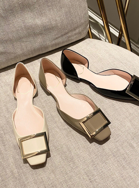 RV方头中空平底凉鞋女chips镂空仙女风2025春夏新款方扣单鞋舒适