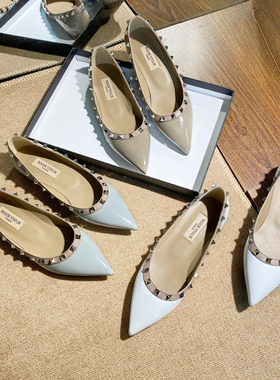 VT经典尖头单鞋女平底鞋真皮2026春季新款铆钉浅口白色网红时尚款