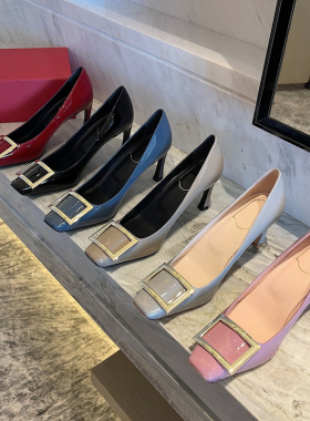 RV漆皮方扣单鞋女2026新款细高跟鞋方头显瘦舒适浅口真皮性感优雅