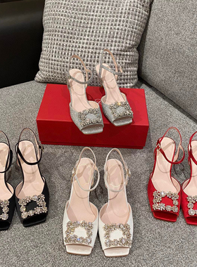 RV凉鞋女夏2025春季新款方头方扣钻扣高跟细跟露趾外穿时装凉拖鞋