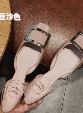 rv漆皮方扣2026新款夏季平底方头中空单鞋女大码舒适气质浅口真皮