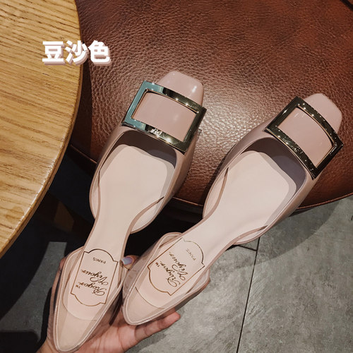 rv漆皮方扣夏季平底方头中空鞋女