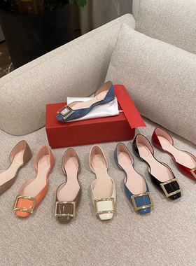 2026夏季新款 chips大象灰漆皮rv方扣中空单鞋女 平底方头凉鞋女