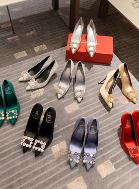 RV婚鞋女鞋方扣钻扣雪花扣高跟单鞋真丝尖头黑色红色秀禾服婚纱鞋