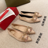 水钻方扣尖头平底鞋 细跟婚鞋 rv绸缎新娘鞋 新款 早春中高跟单鞋 女