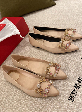 新款水钻方扣尖头平底鞋细跟婚鞋rv绸缎新娘鞋早春中高跟单鞋女