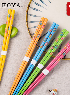 hakoya天然木筷子家庭5双装高端实木日式复古马卡龙系卡通纯色