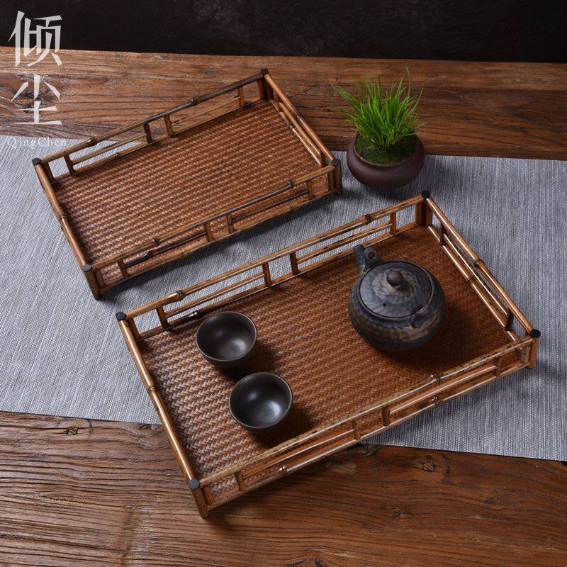 梅鹿竹茶盘大漆茶具围栏收纳榫卯茶托盘小单层中式方形干泡奉茶盘