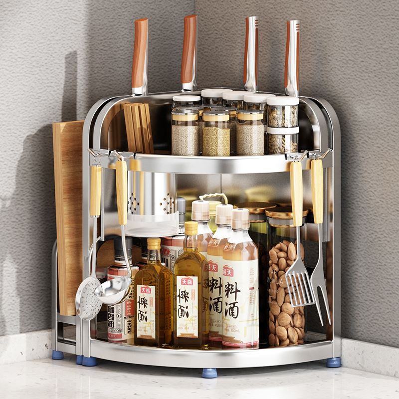 双层台面厨房调料置物架304不锈钢一体免安装三角转角调味品收纳