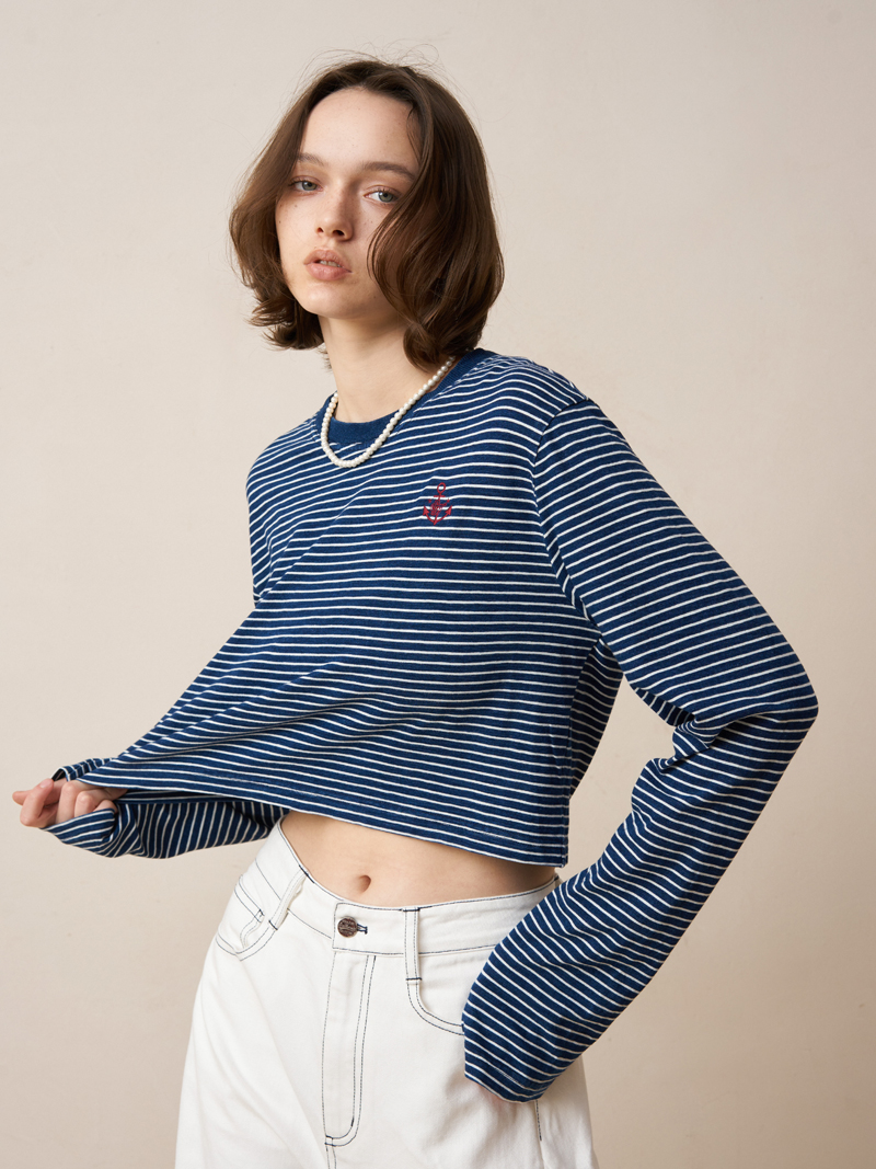 Septhouse 复古水洗牛仔蓝圆领条纹T恤休闲长袖上衣