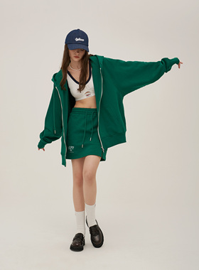 Septhouse 学院休闲绿色拉链连帽卫衣外套 一字短裙运动套装女