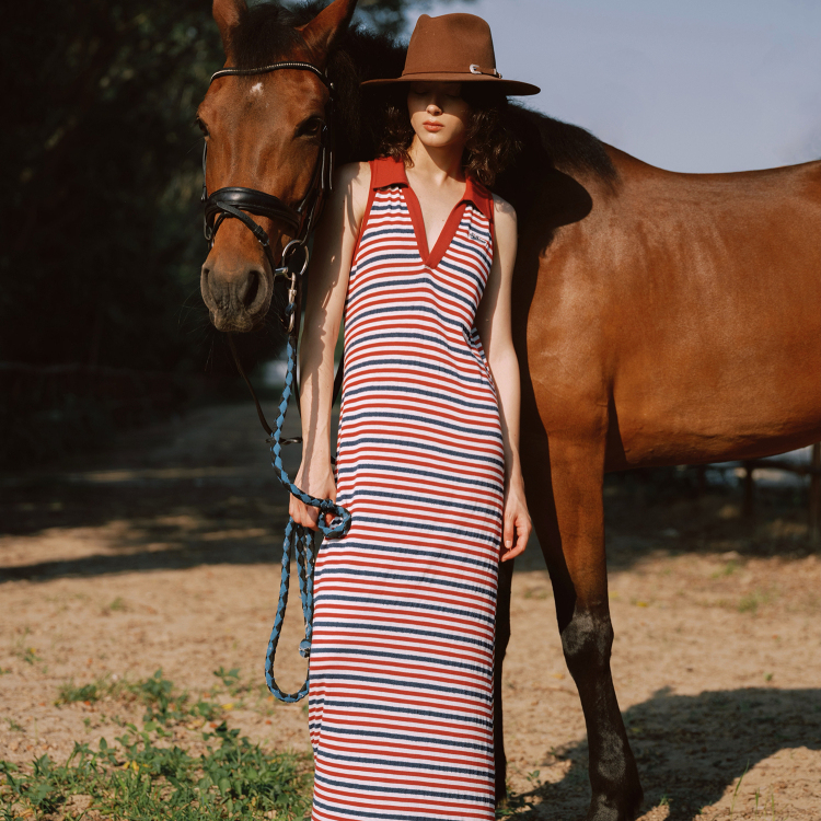 Septhouse 牛仔风V龄条纹连衣裙休闲直筒背心长裙