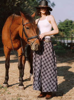 Septhouse 复古蓝格大A字半身裙休闲长裙