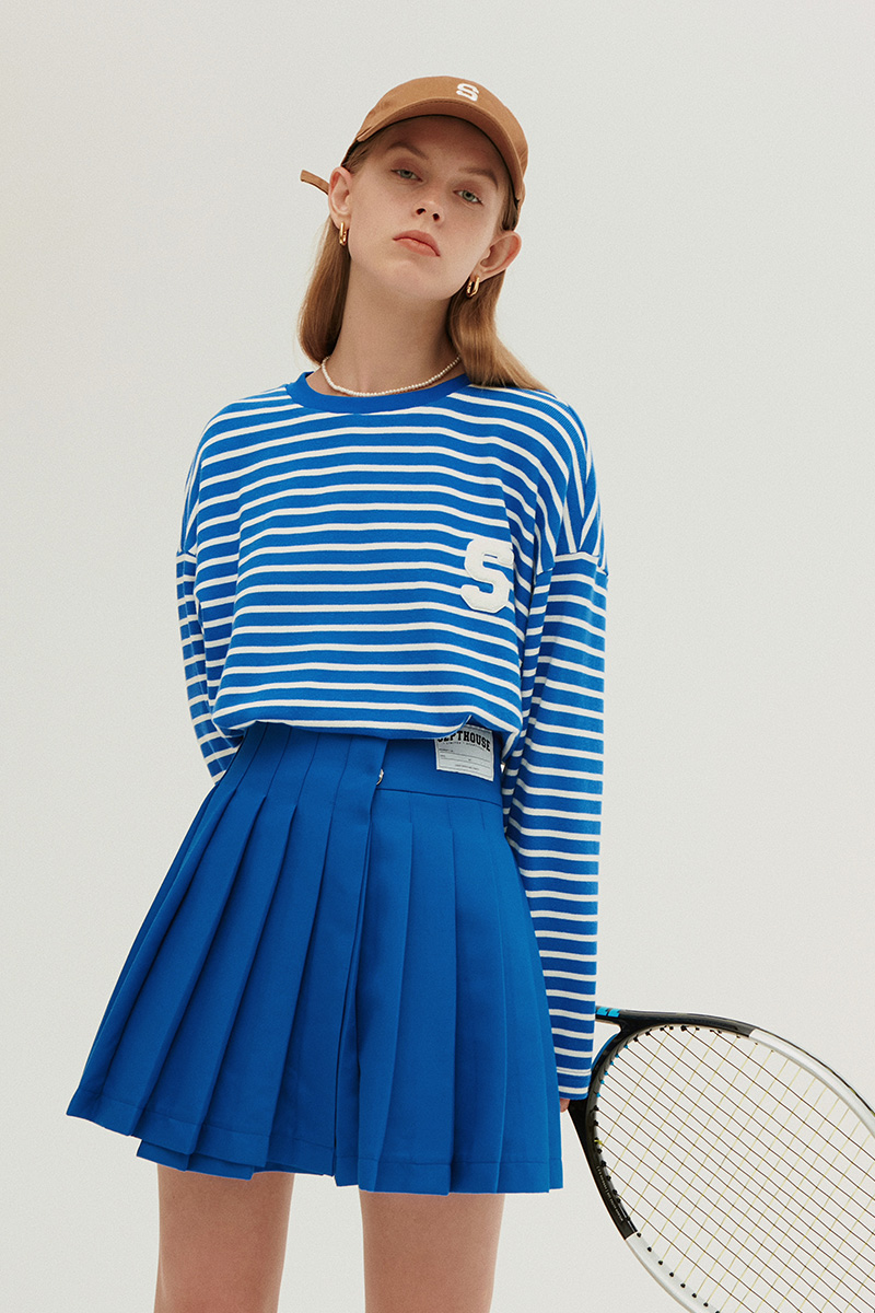 Septhouse 美式学院风蓝色高腰设计感百褶裙 不对称A字短裙半身裙