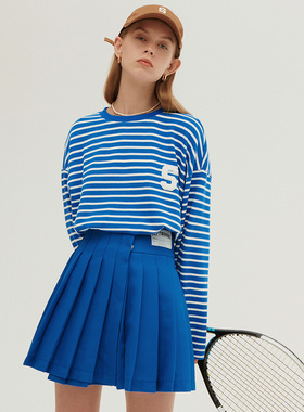 Septhouse 美式学院风蓝色高腰设计感百褶裙 不对称A字短裙半身裙