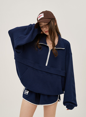 Septhouse 复古oldschool卫衣深蓝色华夫格运动上衣短裤套装