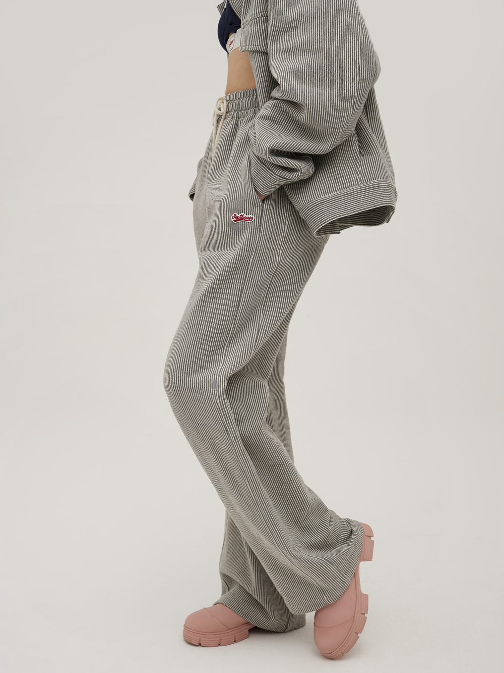 Septhouse 休闲学院风灰色运动阔腿长裤 竖条纹绑带直筒休闲裤