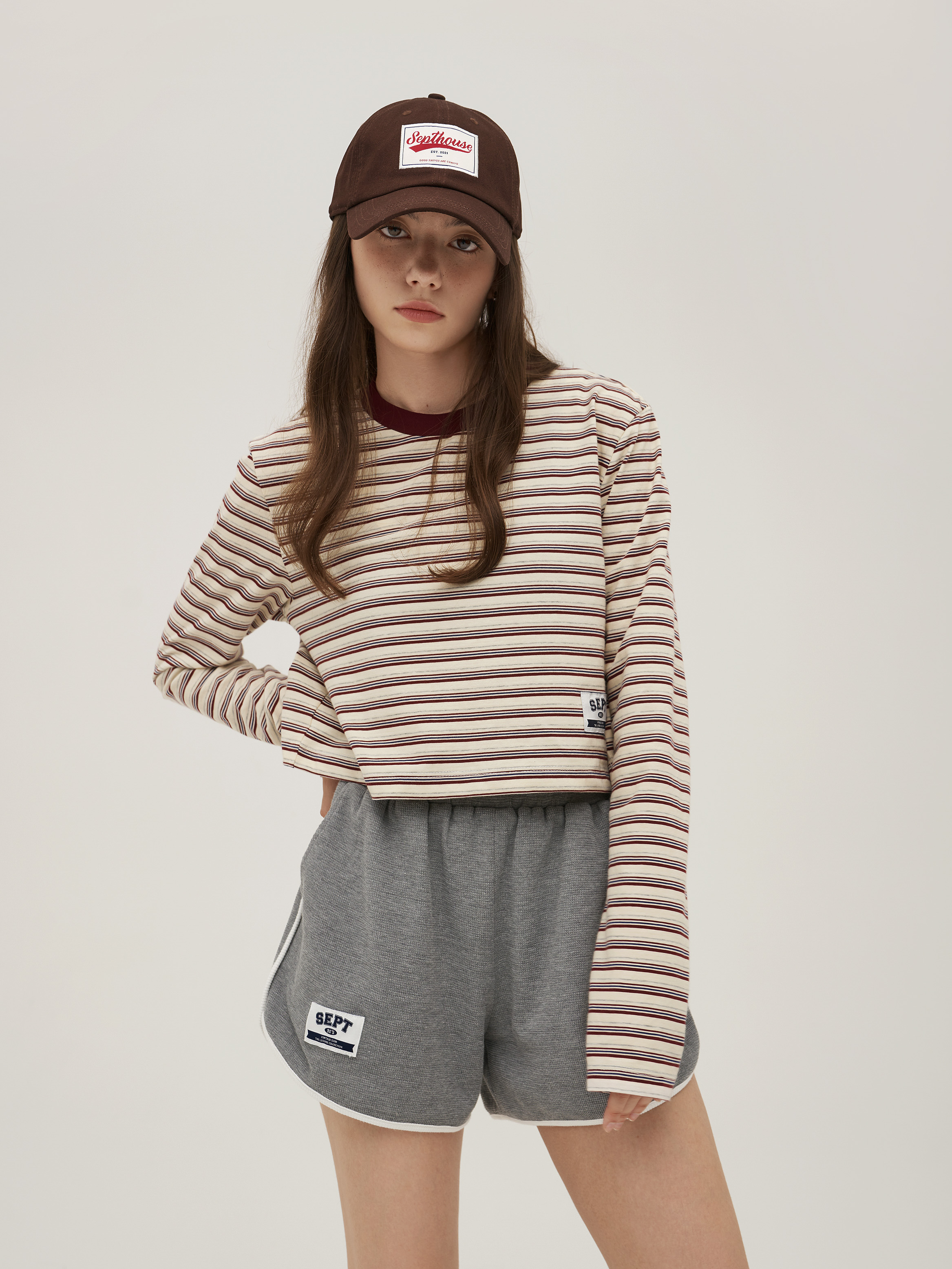 长袖简约条纹舒适酒红色