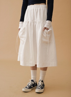 Septhouse 高街运动风纯白色抽绳半身裙A字蓬蓬裙