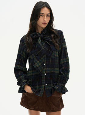 Septhouse 美式复古绿色格子绑带衬衫女2025新款学院风羊毛上衣