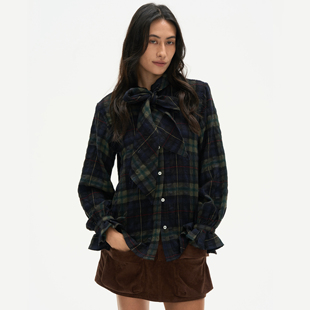 Septhouse 美式复古绿色格子绑带衬衫女2025新款学院风羊毛上衣