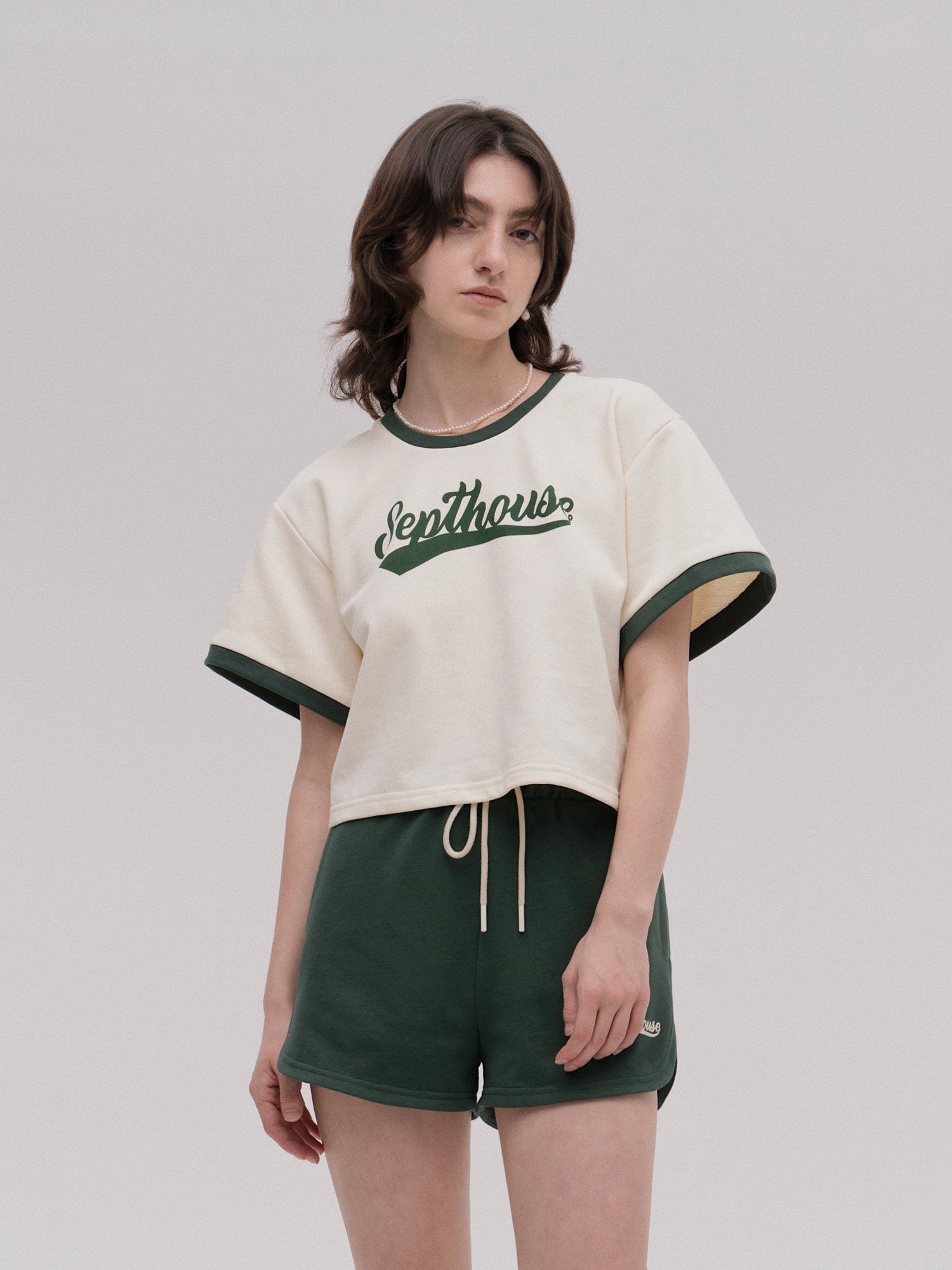 Septhouse 美式复古墨绿撞色短袖T恤 夏日棒球运动短裤套装女
