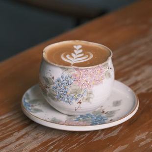 春辰手绘绣球花口杯景德镇手作陶瓷咖啡杯拿铁拉花带碟一套伴手礼