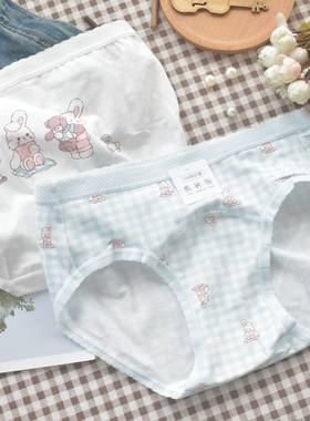 夏日叙事 10A抗菌加长裆内裤可爱治愈蓝色格子卡通兔子纯棉三角裤